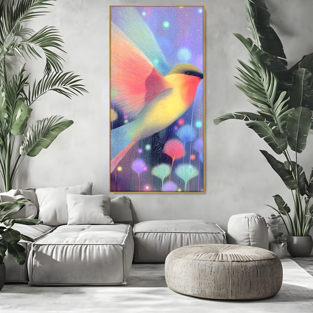 Tablou canvas cu tablou canvas cu pasare fantastica zburand, in rama de aluminiu auriu, pe perete intr-un living
